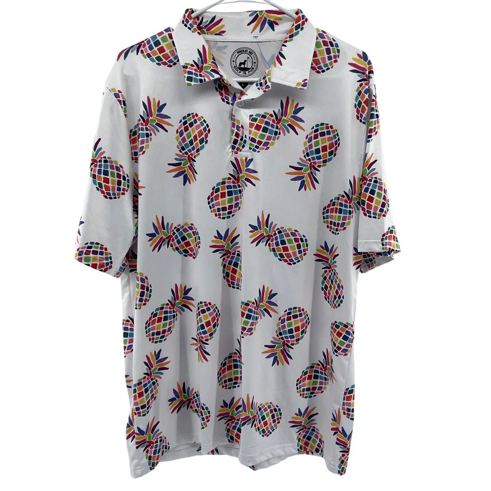 Golf Is Fun Polo Shirt Mens Large Pineapple Print Golf Sportswear Colorful - Picture 2 of 5